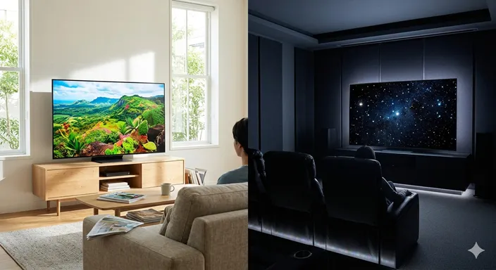 明るいリビングで鮮やかに映る液晶テレビと、暗い部屋で深い黒を表現する有機ELテレビを左右で対比した画像。