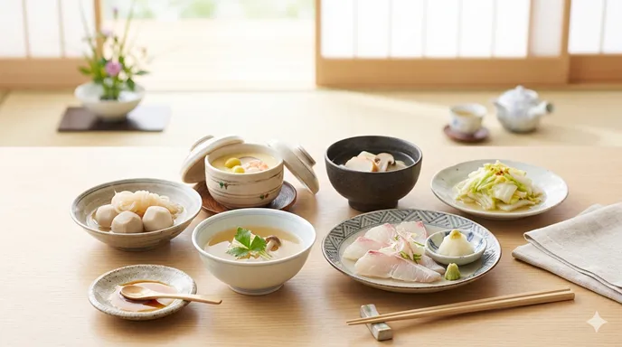 淡い色の薄口醤油と透明感のあるだしが、素材の色を生かした和食に使われている様子。