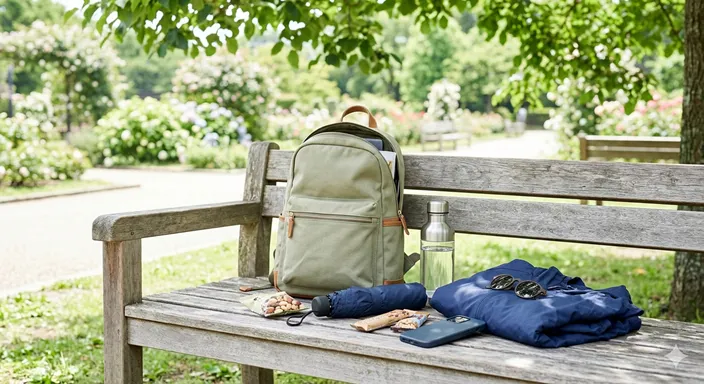 日帰りの外出に使いやすい小型のデイパックと、飲み物や薄手の上着など一日分の荷物を表した画像。