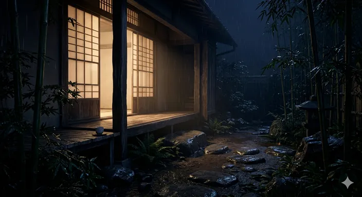 夜半の雨に濡れる和風の庭と障子の明かりが、文章語としての落ち着いた夜を表している画像。