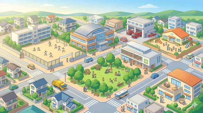 市役所を中心に学校、消防署、公園、ごみ収集、道路整備などの地域サービスが広がる街の風景。