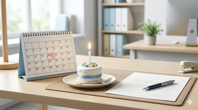誕生日のカレンダーと小さなケーキを配置し、誕生日ごとに年齢を重ねる満年齢を表した画像。