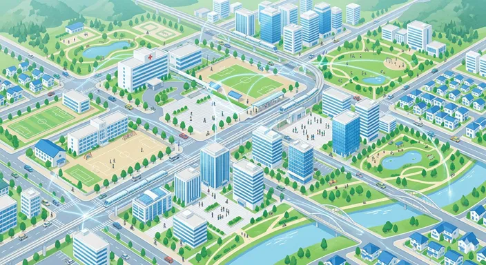 整備された都市インフラ、病院、学校、交通網、通信設備が調和して機能している先進国の社会基盤を表した画像。