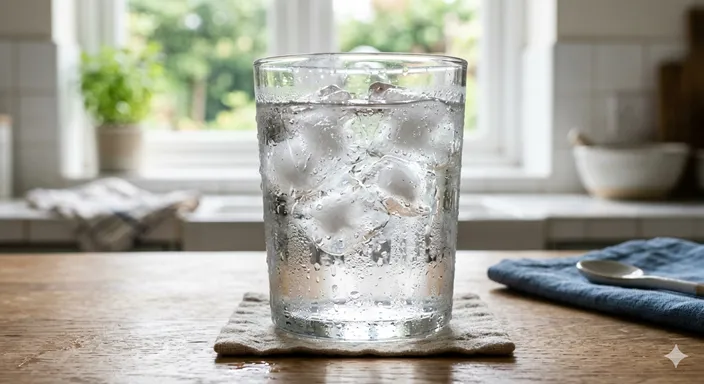 グラスの中の氷がゆっくり溶け、冷たい飲み物を保っている様子。