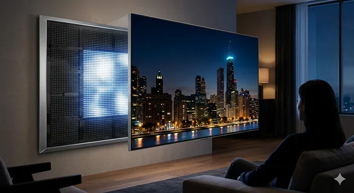 液晶テレビの背面にある多数の小さなLEDが、映像の明暗に合わせて部分的に光を調整している様子。