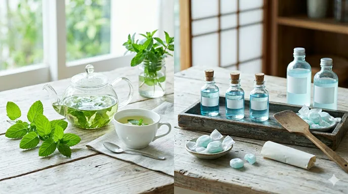 爽やかなミントの葉と、昔ながらのハッカ油の小瓶が並び、洋風ハーブと日本的な清涼感の違いを表した画像。