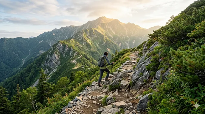 登山者が自分の足で山頂を目指して岩場を登っている様子を描いた「登る」の意味を象徴する画像。