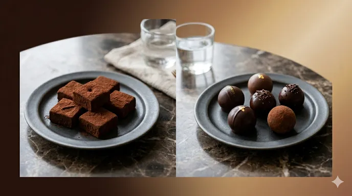 四角く整えられた生チョコと丸いトリュフが上品な皿に並び、なめらかな口どけと一粒菓子としての違いを表している画像。
