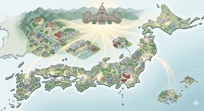 国に集まった財源の一部が全国の自治体へ配分され、地域の公共サービスを支える様子。