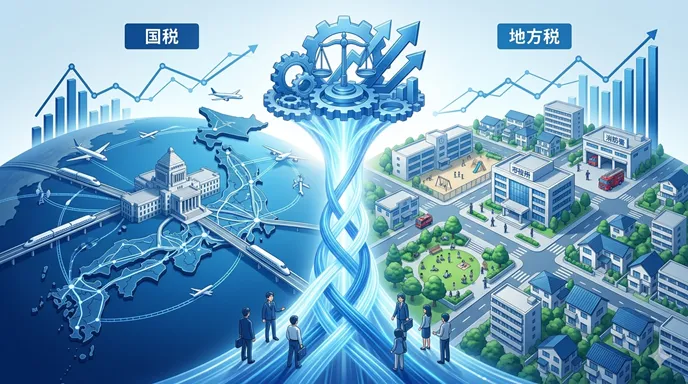 日本列島と国会議事堂を象徴する国税の側、地域の市役所や学校、消防署を象徴する地方税の側を対比した画像。