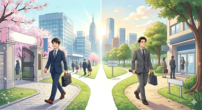 学校の門から企業ビルへ向かう新卒者と、卒業証書を手に別の道から就職活動へ進む既卒者を対比したイメージ。