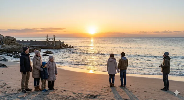 元日の朝、海辺で人々が一年最初の太陽である初日の出を静かに眺めている様子。