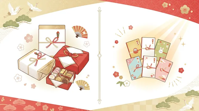 お年賀を象徴する包まれた贈り物と、お年玉を象徴するぽち袋が左右に並び、用途の違いが視覚的に比較されている画像。