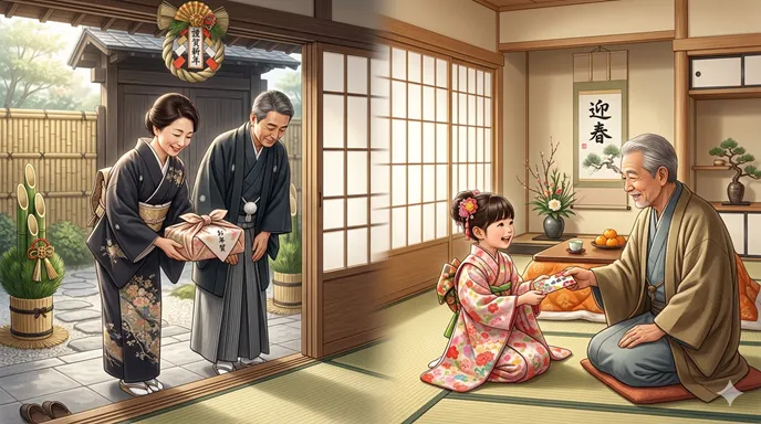 新年の玄関先で手土産を差し出す大人同士の場面と、ぽち袋を受け取る子どもの場面が左右に分かれて表現された画像。