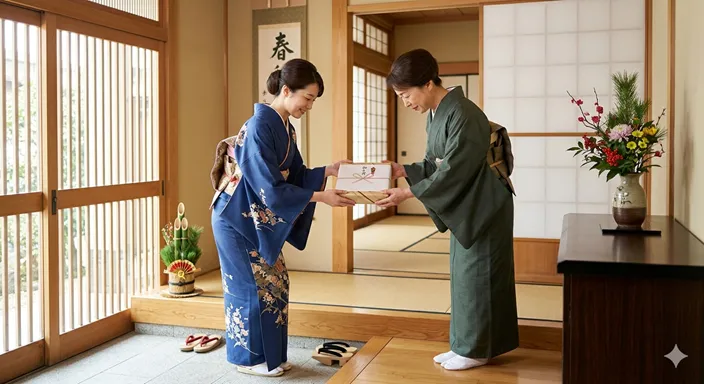 新年の挨拶に訪れた人が、相手に丁寧に包まれた贈り物を手渡している様子。
