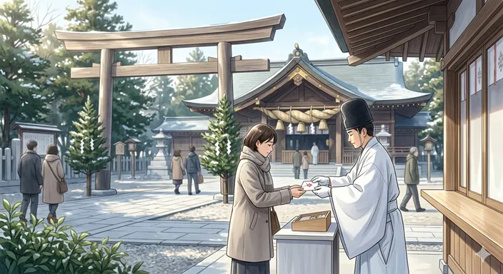 初詣の神社で参拝者が少量のお神酒を受け取る場面を、穏やかで清らかな雰囲気で描いた画像。
