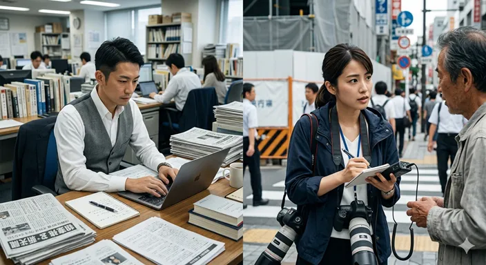 新聞社のデスクで記事を書く新聞記者と、街頭でカメラや録音機材を持って取材するジャーナリストを対比した画像。