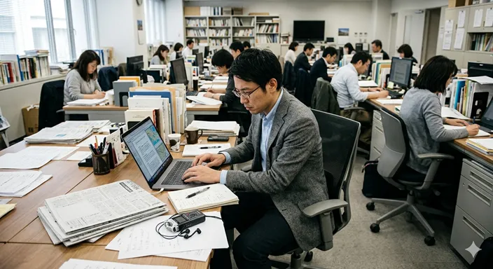 新聞社の編集部で資料やメモを確認しながら記事を書く新聞記者の姿。
