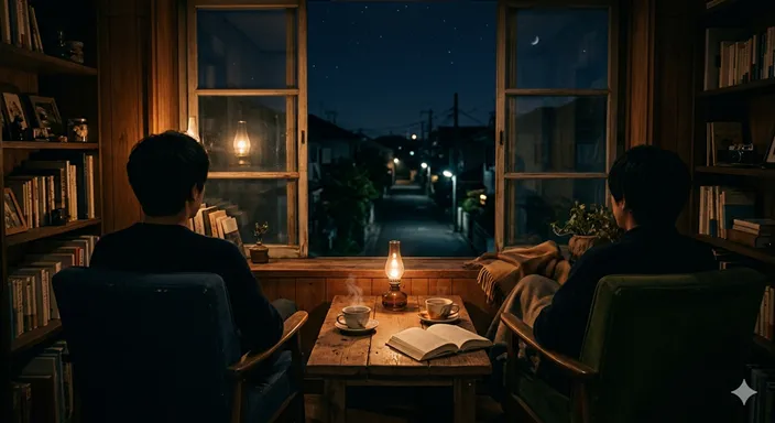 夜更けまで語り合った後のような静かな部屋に、温かな灯りと深い夜の余韻が残っている画像。