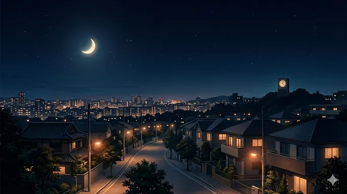 静かな夜空の下で、街灯のある夜道、午前0時を思わせる時計、眠る街、窓明かりが並び、夜の時間表現の違いを象徴している画像。
