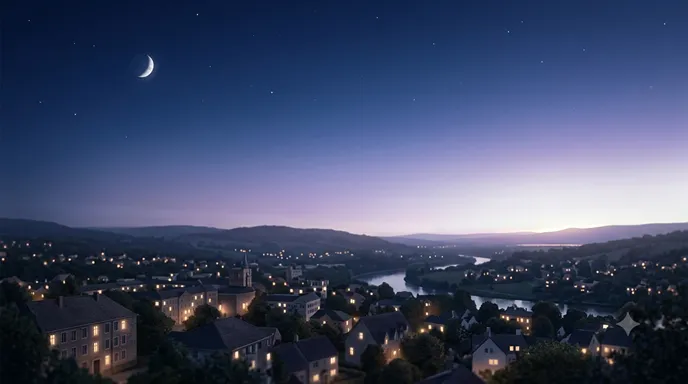 夜空から朝へ向かう淡い光の中に、静かな街と月が描かれ、夜の言葉を正しく使い分ける理解を象徴している画像。