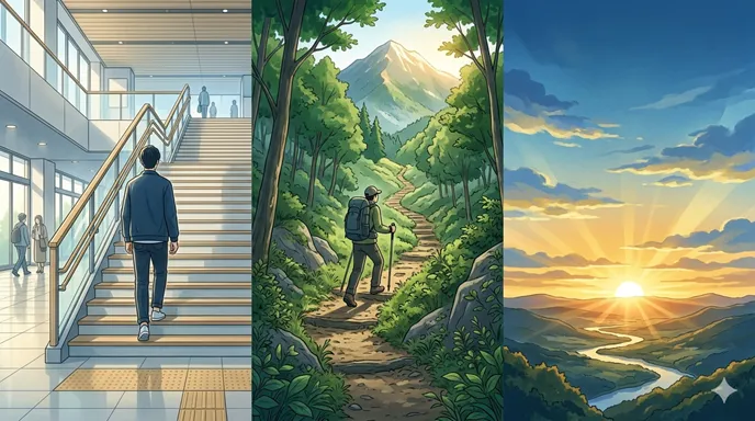 階段を上る道、山に登る人、朝日が昇る空の三つの場面を一枚にまとめた「上る」「登る」「昇る」の違いを象徴する画像。