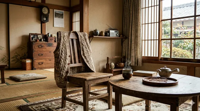 木の椅子に掛けられた昔ながらの毛糸のチョッキと、温かい室内の生活感を表した画像。