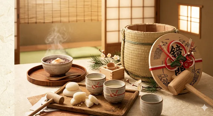 開かれた酒樽と分けられた鏡餅のそばに柔らかな光が広がり、新年や門出の福を分かち合う様子を表した画像。