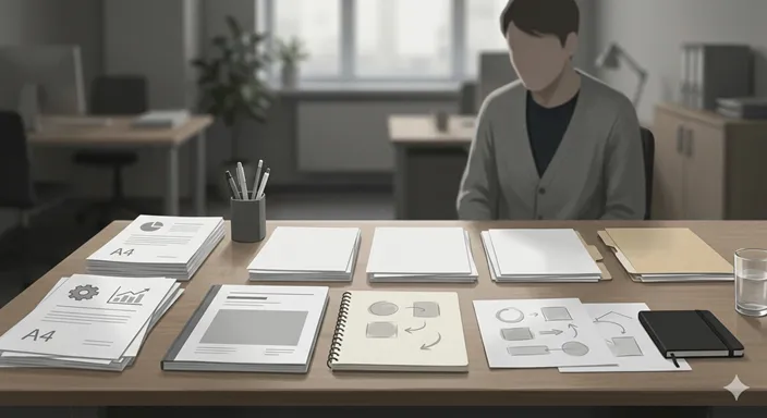 整ってはいるが印象に残りにくい無個性な作品や企画書が、灰色の机の上に並んでいる様子。