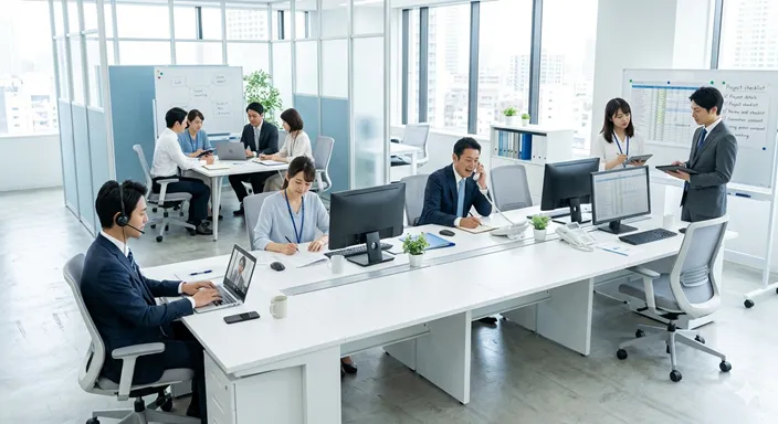 オフィス内で複数の人が連携しながら、資料確認やパソコン作業などの業務を進めている様子。