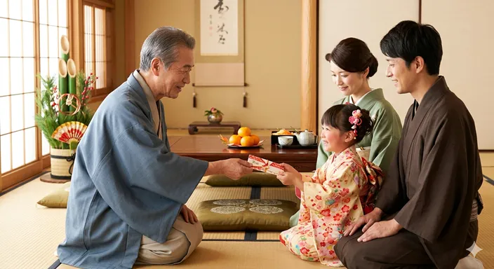 お正月の和室で、大人が子どもにぽち袋を手渡し、子どもがうれしそうに受け取っている様子。