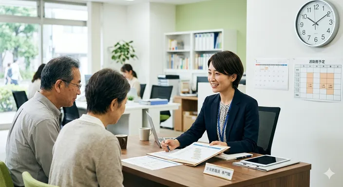 時計と週間予定表を背景に、決められた曜日と時間帯に専門業務を行う非常勤職員。