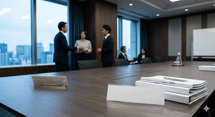 会議室のテーブル上で、前任者の名札が横に置かれ、後任者の新しい名札と引き継ぎ資料が並ぶ役職交代の様子。