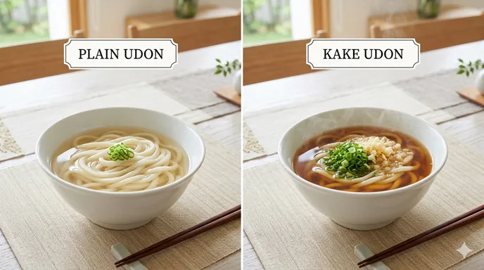 左に具を足さない素朴なうどん、右につゆをかけた基本のうどんを並べ、違いを視覚的に比較した画像。