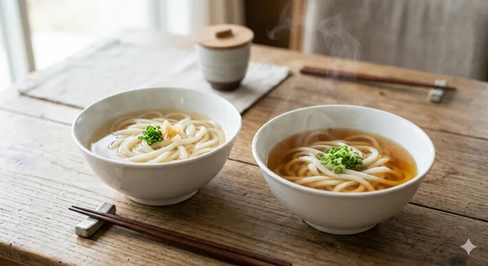 木のテーブルに並ぶ、具をほとんどのせない素朴なうどんと、温かいつゆが注がれた基本のかけうどんの対比。