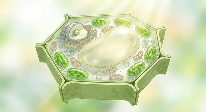 細胞壁に囲まれた植物細胞の中に、大きな液胞と緑色の葉緑体が見えるイメージ。