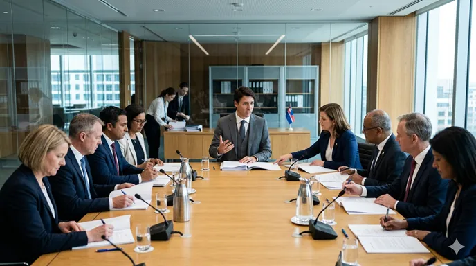 閣僚会議の中央で政策資料を示しながら行政運営を指揮する首相のイメージ。