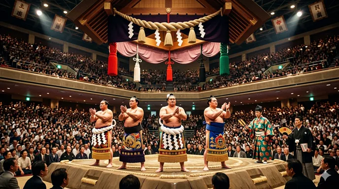 大観衆に囲まれた土俵で、化粧まわしを着けた力士の土俵入りと行司、呼出が大相撲の伝統を伝える様子。