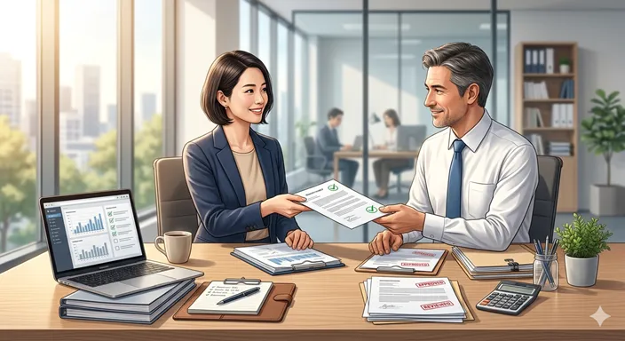 顧客やチームに対して誠実に向き合い、責任ある仕事を完了させる職業人の姿。