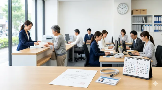 自治体庁舎を背景に、任用通知書と会計年度を表すカレンダーを確認する公務職員。