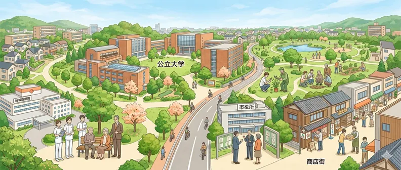 公立大学のキャンパスと地域の病院、役所、商店街が道でつながり、地域と大学が連携している様子。