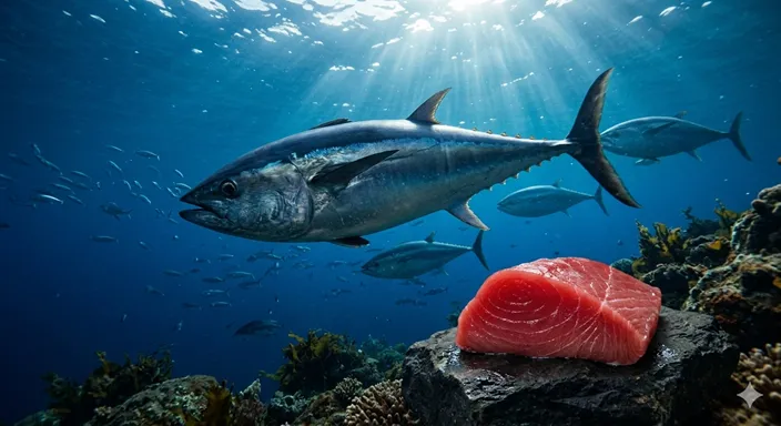 広い海を力強く泳ぐマグロと、鮮やかな赤身の切り身が重なり、赤身魚の持久力とうま味を表している画像。