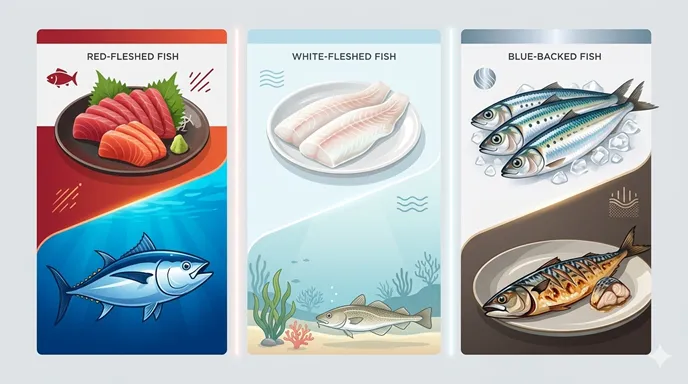 赤身魚、白身魚、青魚の特徴を三分割で比較し、身の色・味・料理の違いが視覚的にわかる画像。