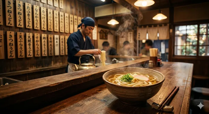 関西風の淡いだしのうどんと、店舗メニューの基本形としてのかけうどんを、日本の地域性とともに表した画像。