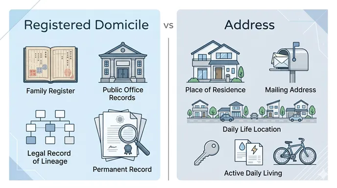 Registered DomicileとAddressの違いを、戸籍書類と住まいのアイコンで英語ラベル付きに整理した比較イメージ。