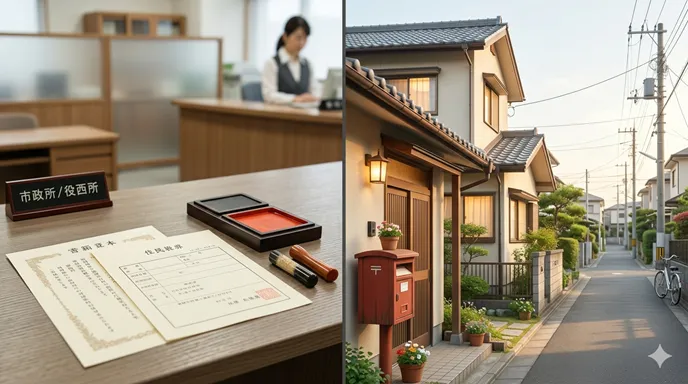 戸籍を示す古い公的書類と、現在の住まいを示す家のアイコンが左右に対比されているイメージ。
