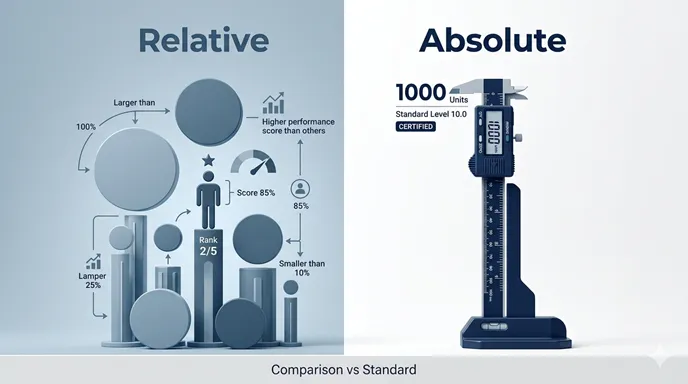 Relativeは複数対象との比較、Absoluteは単独の基準として示され、相対的と絶対的の違いを視覚的に比較した英語ラベル付き図解。