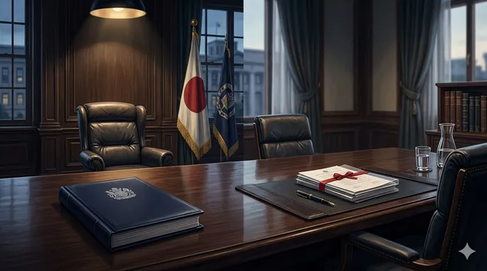 重厚な会議室で、一方には職を解くことを象徴する空席の椅子、もう一方には役職交代を象徴する二つの椅子と引き継ぎ書類が置かれている様子。
