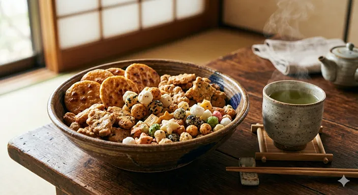 せんべい、おかき、あられが一つの器に調和よく盛られ、日本茶とともに米菓の違いと楽しみ方をまとめて表した画像。
