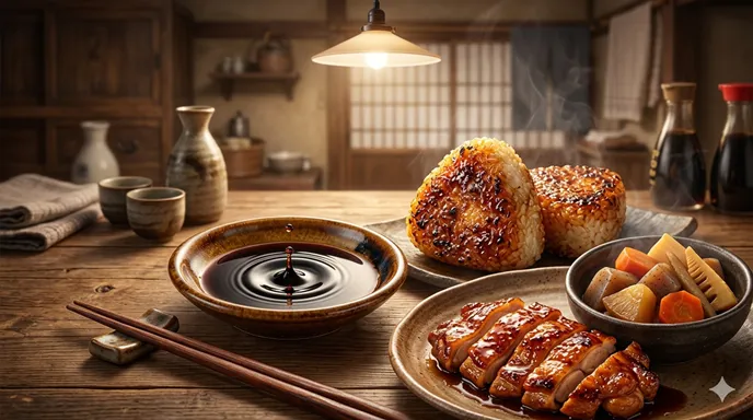 濃口醤油が照り焼きや煮物に深い色と香ばしさを加えている様子。